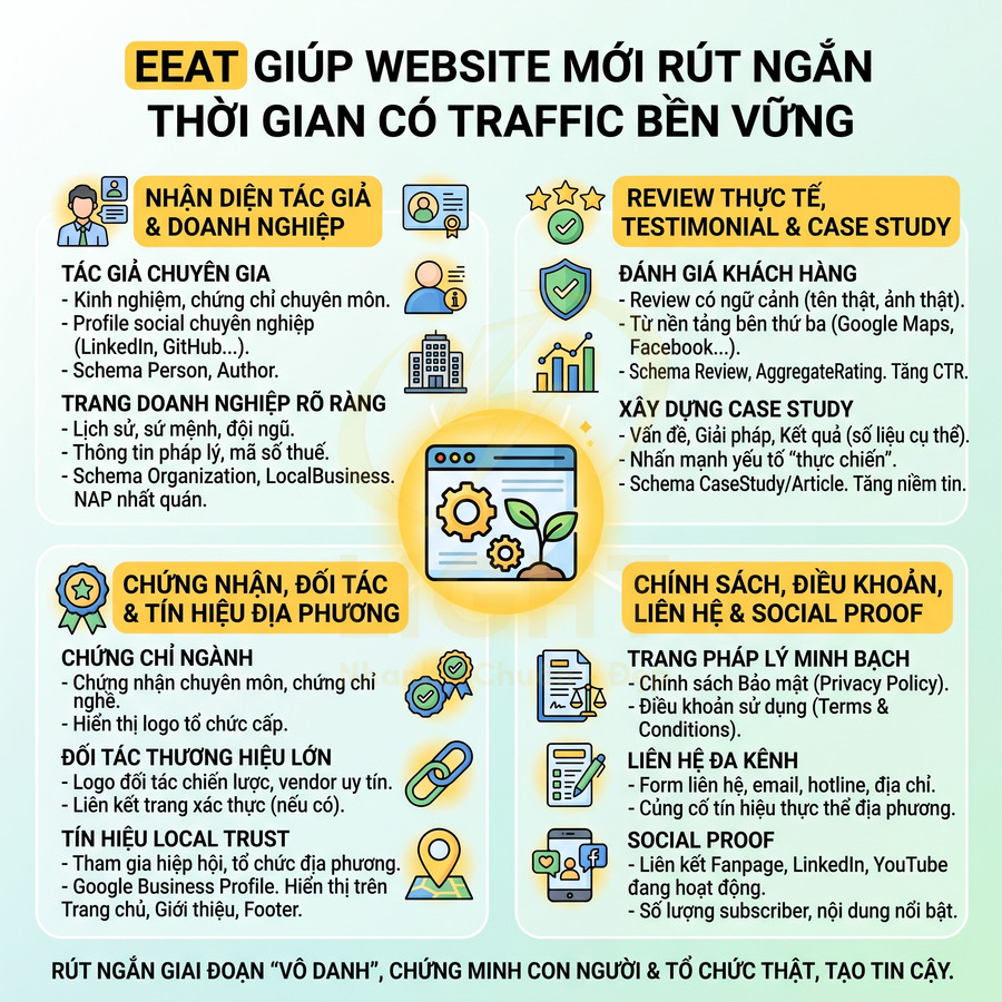 Infographic EEAT hướng dẫn xây dựng uy tín website mới với tác giả chuyên gia, review thực tế và chứng nhận tin cậy