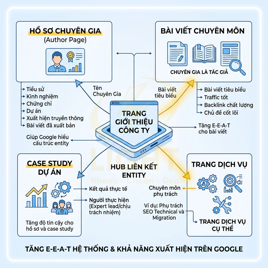 Sơ đồ trang giới thiệu công ty làm hub liên kết hồ sơ chuyên gia, bài viết chuyên môn, case study và trang dịch vụ tăng E-E-A-T