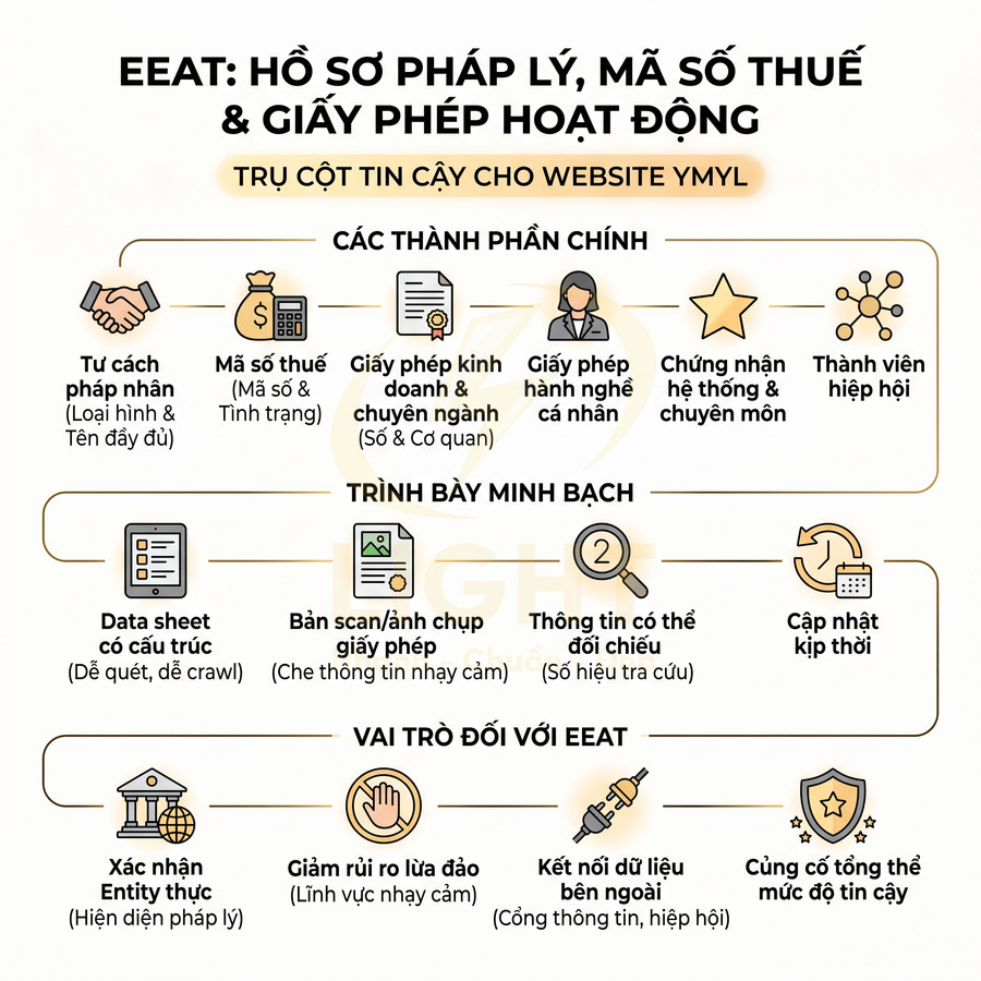Infographic EEAT về hồ sơ pháp lý, mã số thuế và giấy phép hoạt động tăng độ tin cậy website YMYL