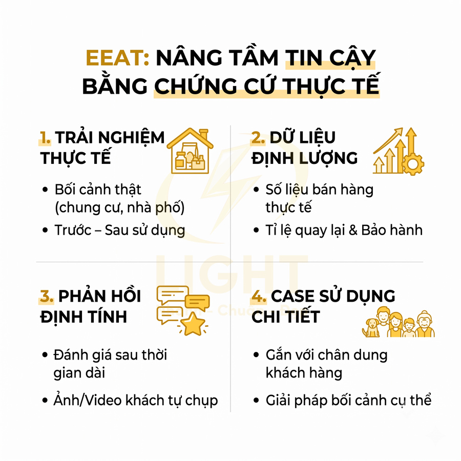 Infographic EEAT nâng tầm độ tin cậy bằng trải nghiệm thực tế, dữ liệu định lượng, phản hồi định tính và case sử dụng chi tiết