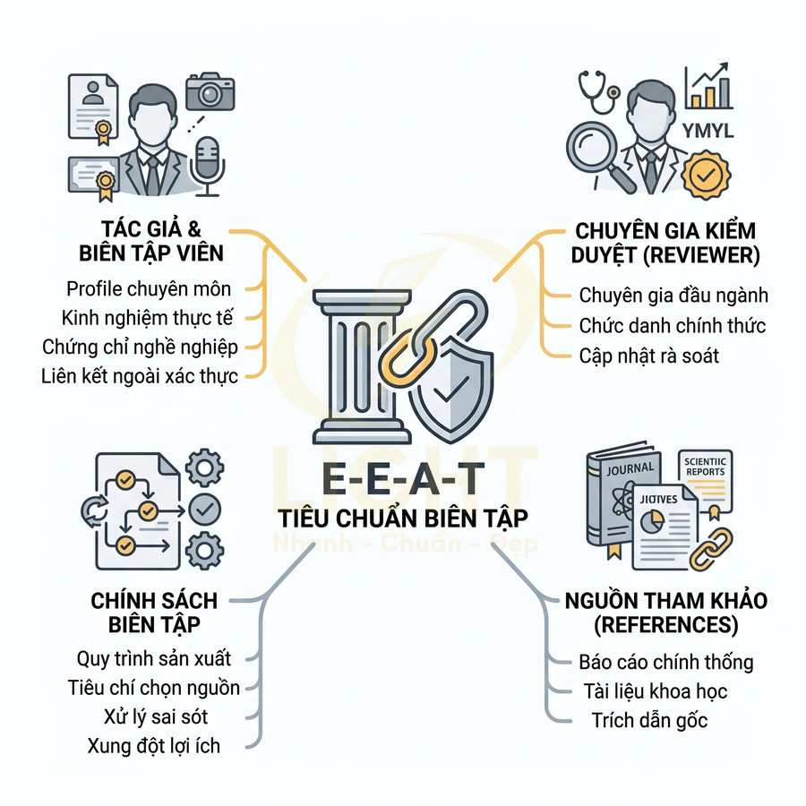 Mô hình tiêu chuẩn biên tập E-E-A-T với tác giả, chuyên gia kiểm duyệt, chính sách biên tập và nguồn tham khảo