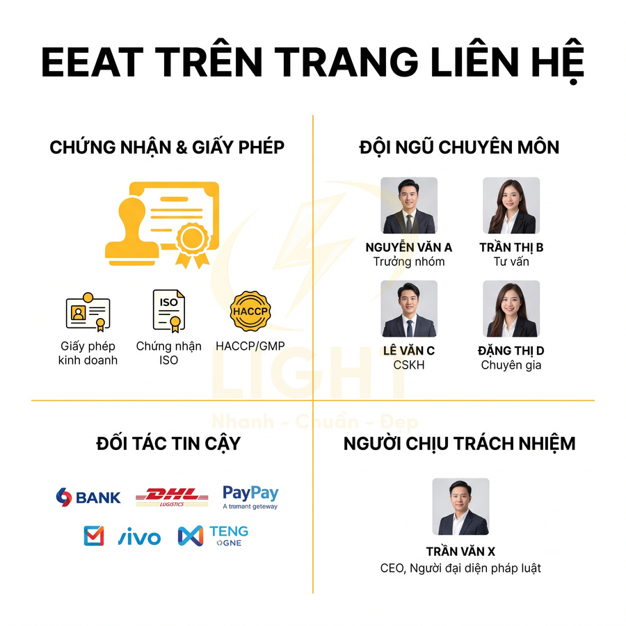 Thiết kế giới thiệu EEAT trên trang liên hệ với chứng nhận, đội ngũ chuyên môn, đối tác và CEO chịu trách nhiệm