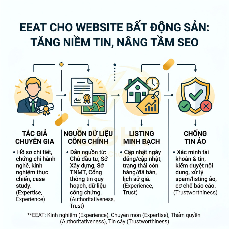 Infographic EEAT cho website bất động sản với 4 yếu tố: tác giả chuyên gia, dữ liệu công chính, listing minh bạch, chống tin ảo