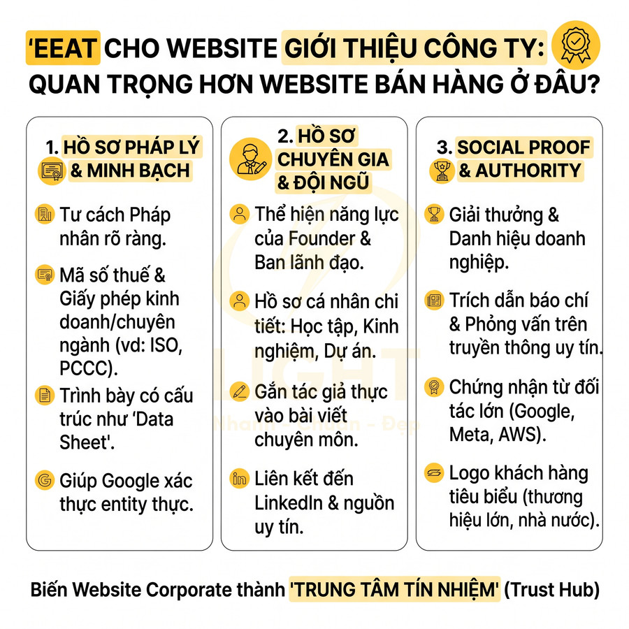 Infographic giải thích các yếu tố EEAT quan trọng cho website giới thiệu công ty và xây dựng trung tâm tín nhiệm