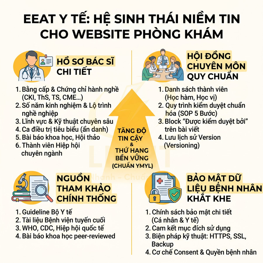 Infographic EEAT y tế hướng dẫn xây dựng hệ sinh thái niềm tin cho website phòng khám với 4 trụ cột nội dung