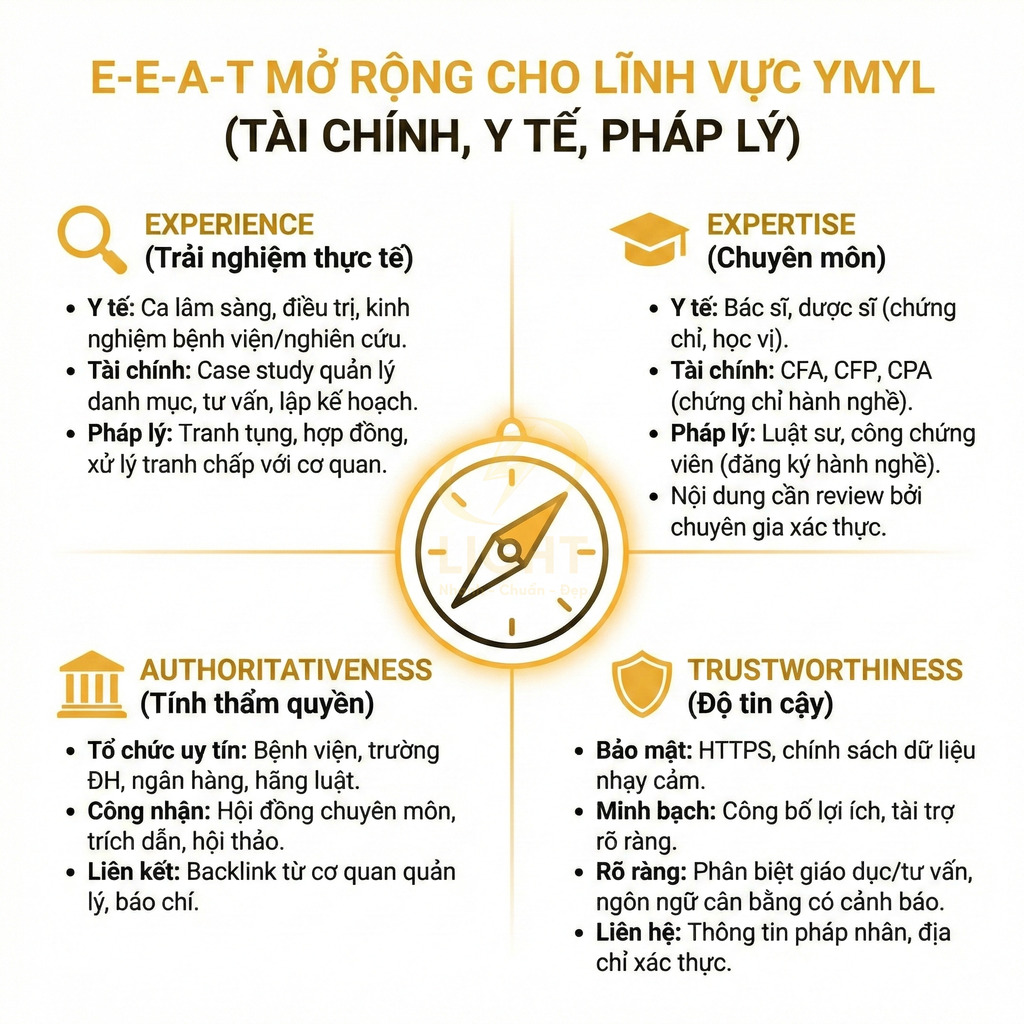 Infographic E-E-A-T mở rộng cho lĩnh vực YMYL tài chính y tế pháp lý với bốn yếu tố chính