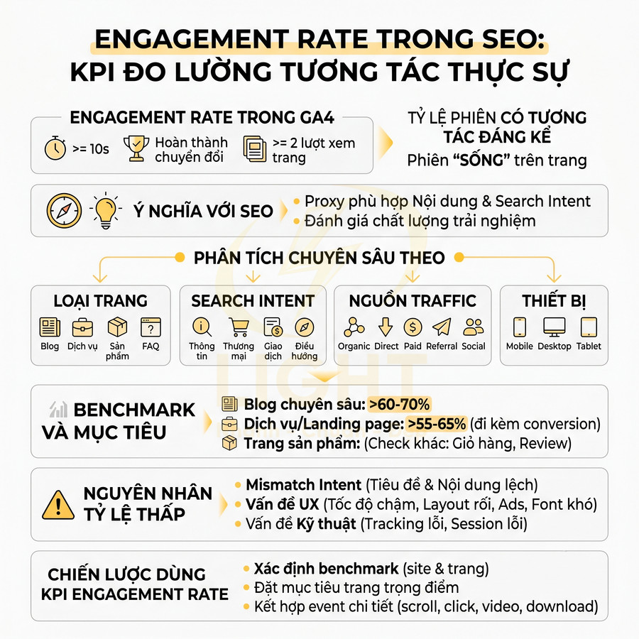 Infographic giải thích engagement rate trong SEO, cách đo lường, phân tích và tối ưu tỷ lệ tương tác người dùng trên website
