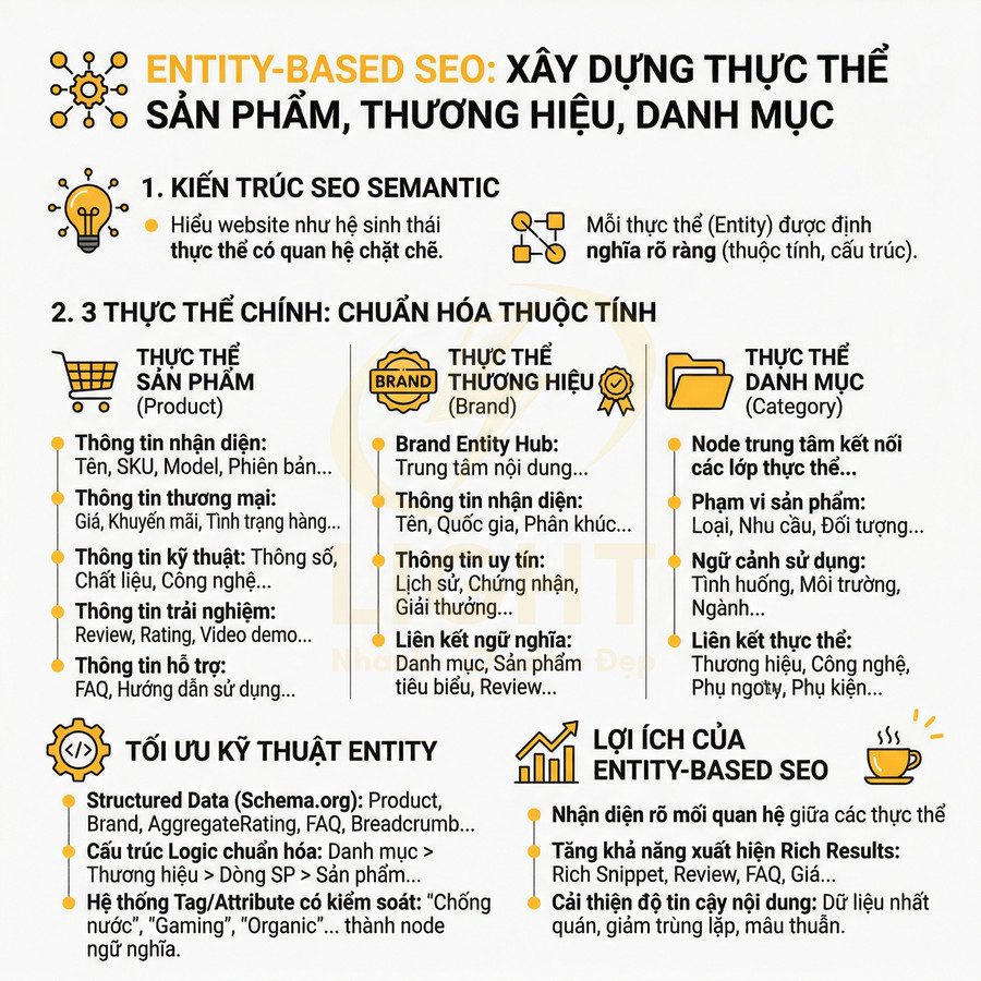 Infographic về Entity Based SEO xây dựng thực thể sản phẩm thương hiệu danh mục và tối ưu kỹ thuật SEO