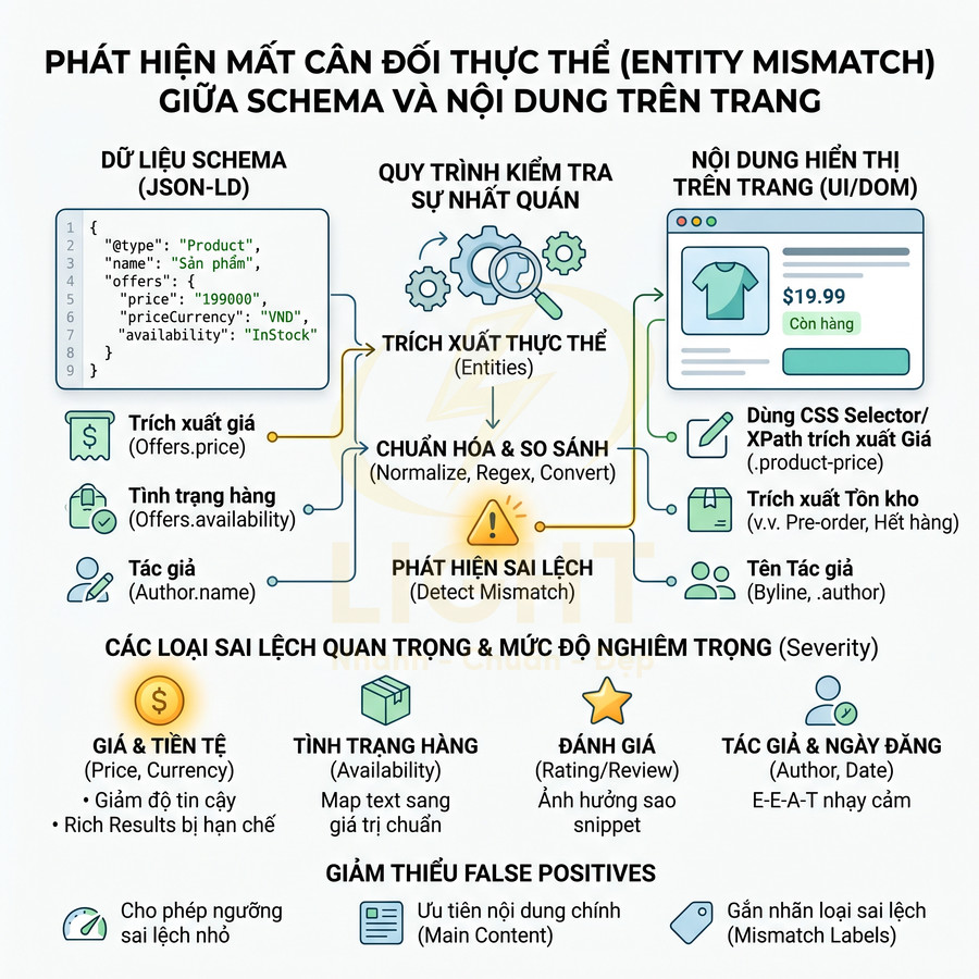 Minh họa quy trình phát hiện sai lệch thực thể giữa dữ liệu schema sản phẩm và nội dung hiển thị trên trang web