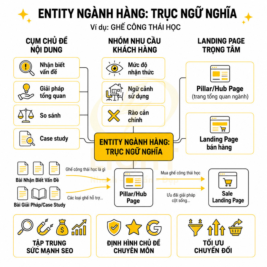 Sơ đồ entity ngành hàng ghế công thái học với cụm chủ đề nội dung, nhu cầu khách hàng và landing page chuyển đổi