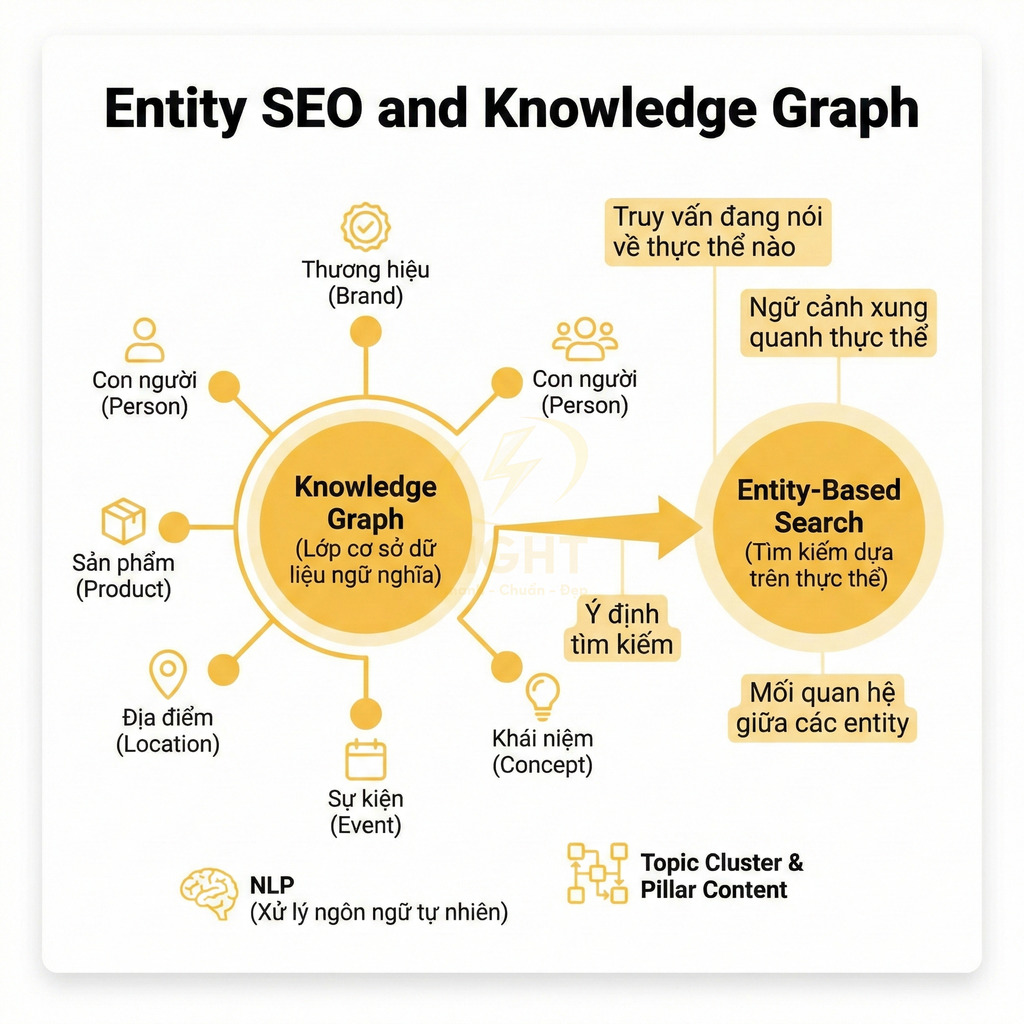 Sơ đồ Entity SEO và Knowledge Graph minh họa mối liên hệ giữa thực thể, ý định tìm kiếm và Entity Based Search
