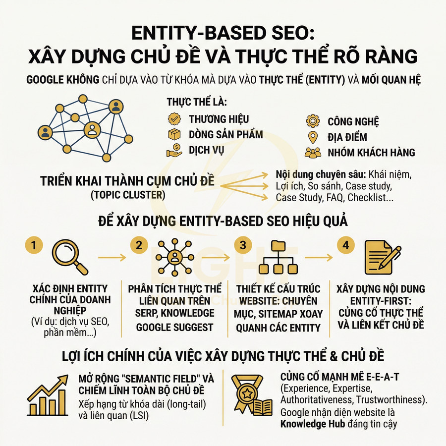 Infographic hướng dẫn xây dựng chiến lược Entity Based SEO, cụm chủ đề và lợi ích cho website doanh nghiệp