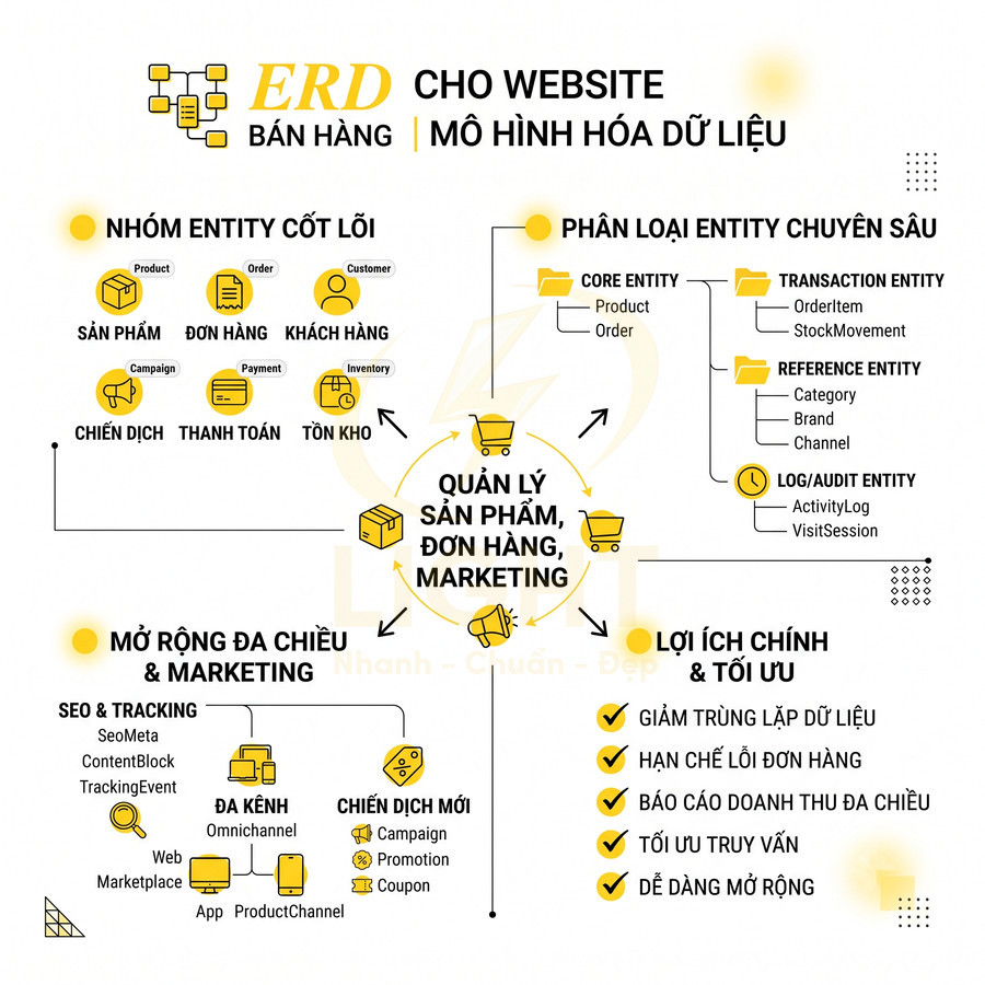 Sơ đồ ERD bán hàng cho website, mô hình hóa dữ liệu quản lý sản phẩm, đơn hàng, khách hàng và marketing