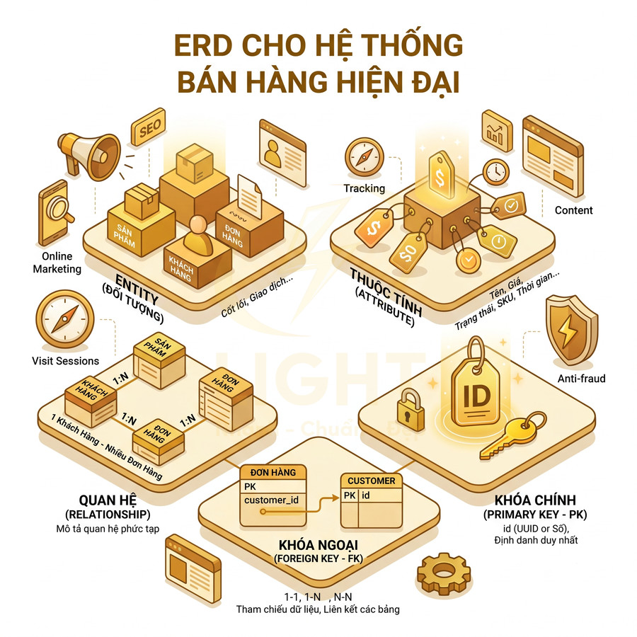 Mô hình ERD minh họa hệ thống bán hàng hiện đại với entity, thuộc tính, khóa chính và khóa ngoại