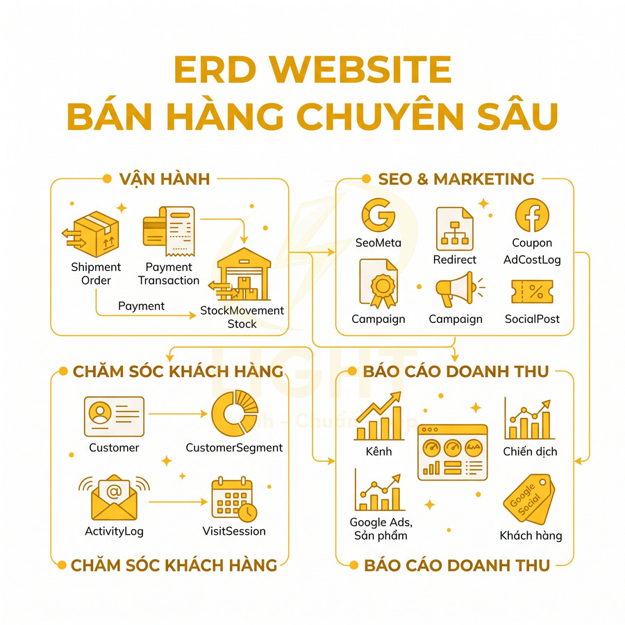 Sơ đồ ERD website bán hàng chuyên sâu với các module vận hành, SEO marketing, chăm sóc khách hàng và báo cáo doanh thu