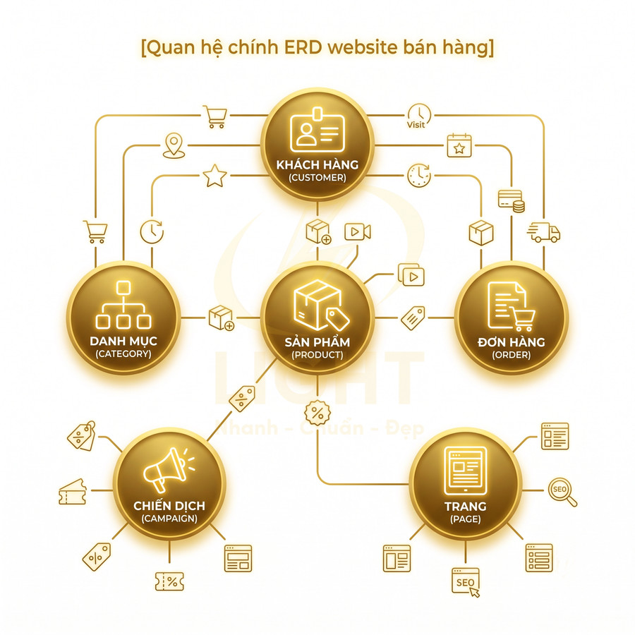 Sơ đồ quan hệ ERD website bán hàng với các thực thể khách hàng sản phẩm đơn hàng danh mục chiến dịch trang
