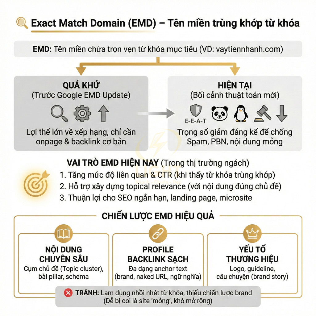 Infographic giải thích Exact Match Domain EMD, vai trò hiện nay và chiến lược SEO hiệu quả cho tên miền trùng khớp từ khóa