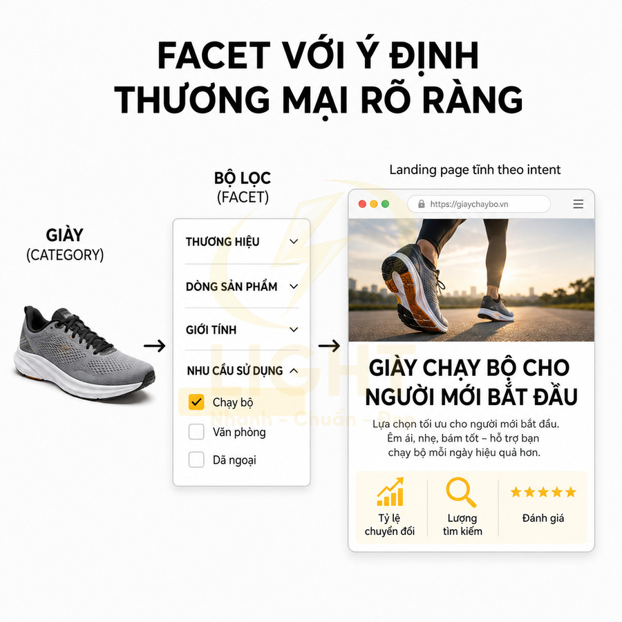 Giao diện website bán giày chạy bộ với bộ lọc nhu cầu sử dụng và landing page cho người mới bắt đầu