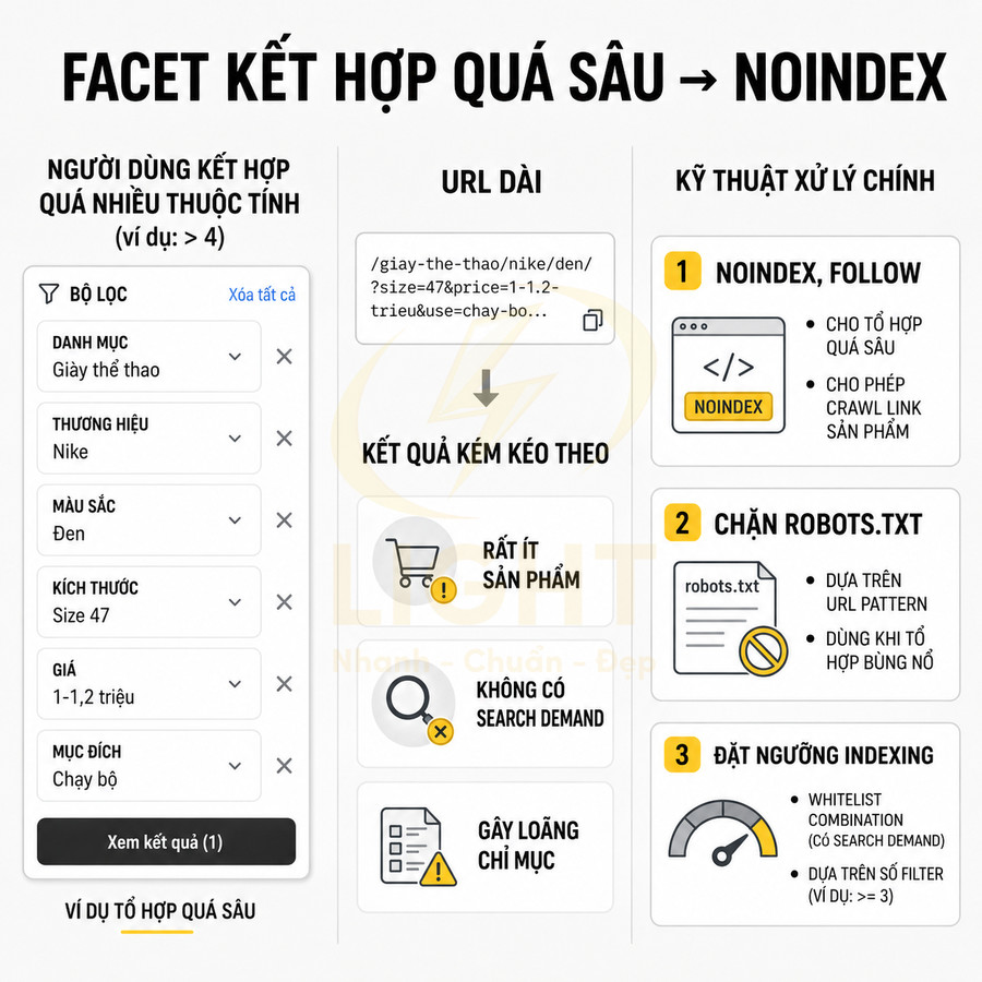 Minh họa bộ lọc giày thể thao Nike màu đen size 47 và hướng dẫn xử lý facet quá sâu bằng noindex trong SEO