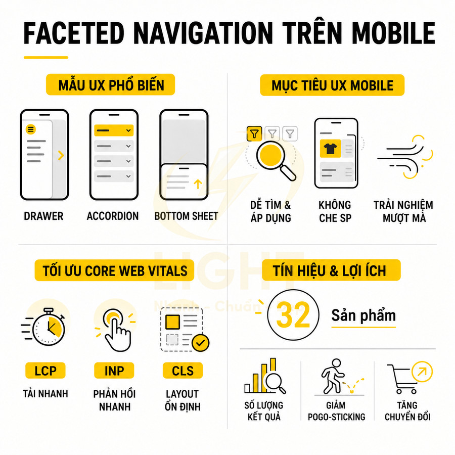 Infographic faceted navigation trên mobile với mẫu UX, mục tiêu UX, tối ưu Core Web Vitals và lợi ích cho sản phẩm