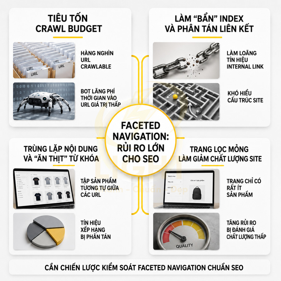 Infographic về rủi ro của faceted navigation đối với SEO và nhu cầu kiểm soát chiến lược lọc sản phẩm