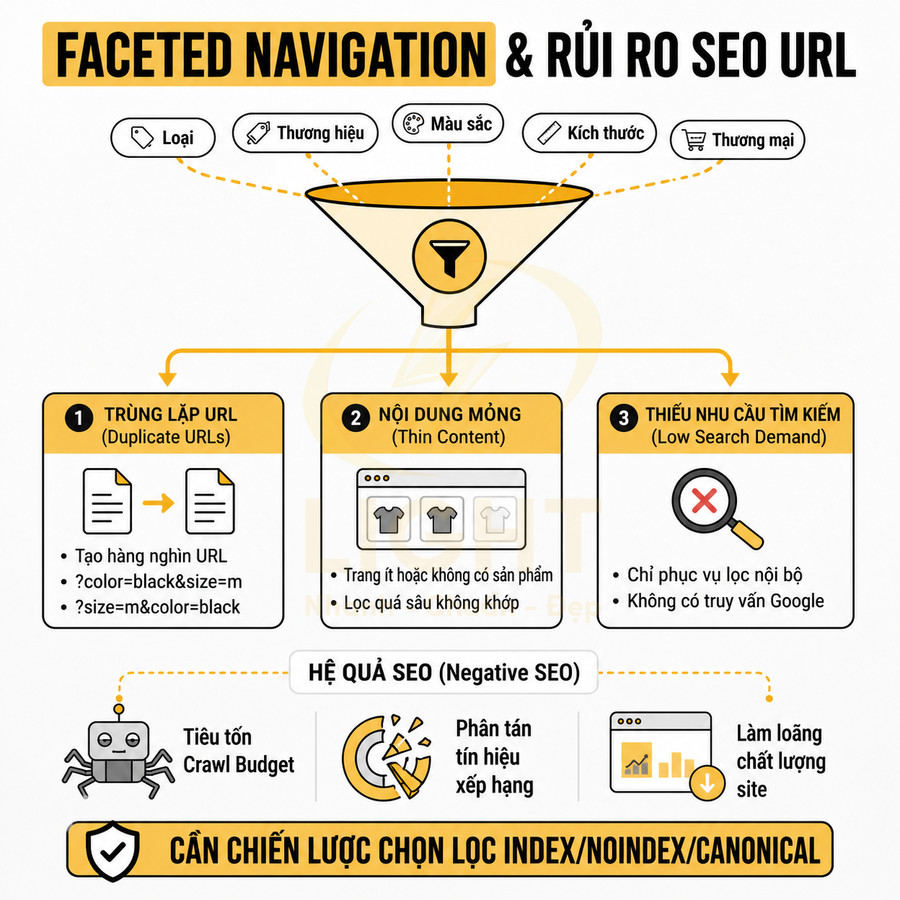 Faceted navigation và rủi ro SEO URL với trùng lặp URL, nội dung mỏng, thiếu nhu cầu tìm kiếm