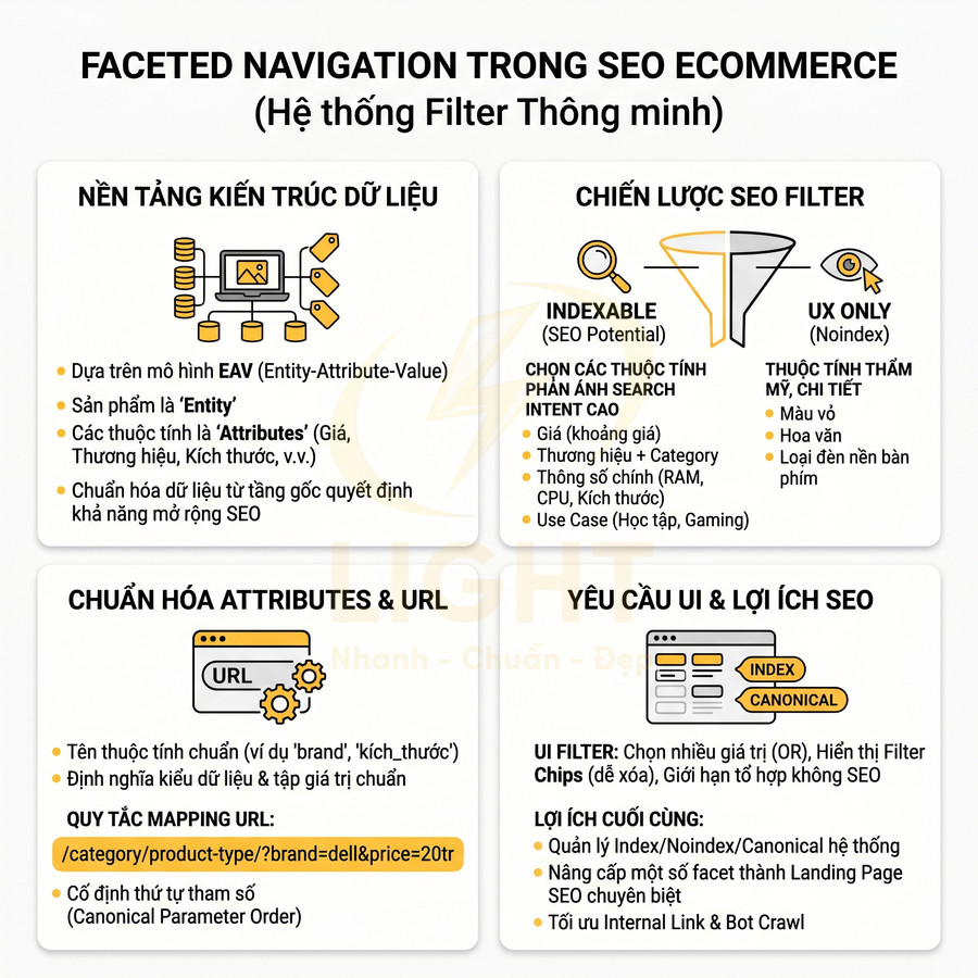 Infographic hướng dẫn xây dựng hệ thống faceted navigation và filter thông minh trong SEO ecommerce