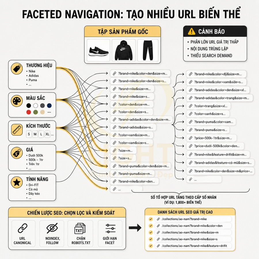 Minh họa faceted navigation cho bộ sản phẩm gốc gồm giày thể thao Nike, áo hoodie Nike và quần thể thao