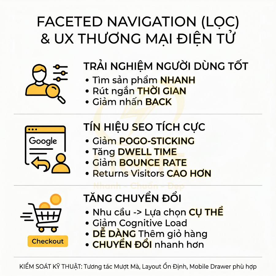 Infographic về lợi ích của faceted navigation trong UX thương mại điện tử giúp cải thiện SEO và tăng chuyển đổi