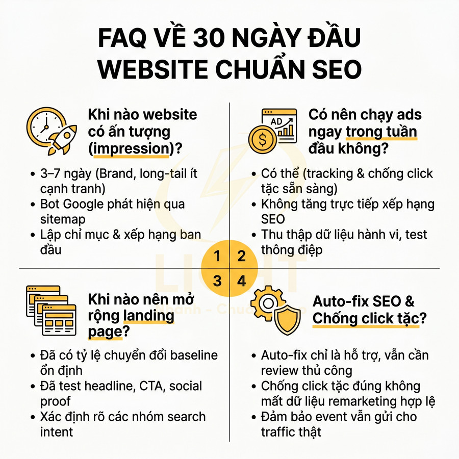 FAQ 30 ngày đầu website chuẩn SEO với hướng dẫn impression, chạy ads, mở rộng landing page và auto fix SEO