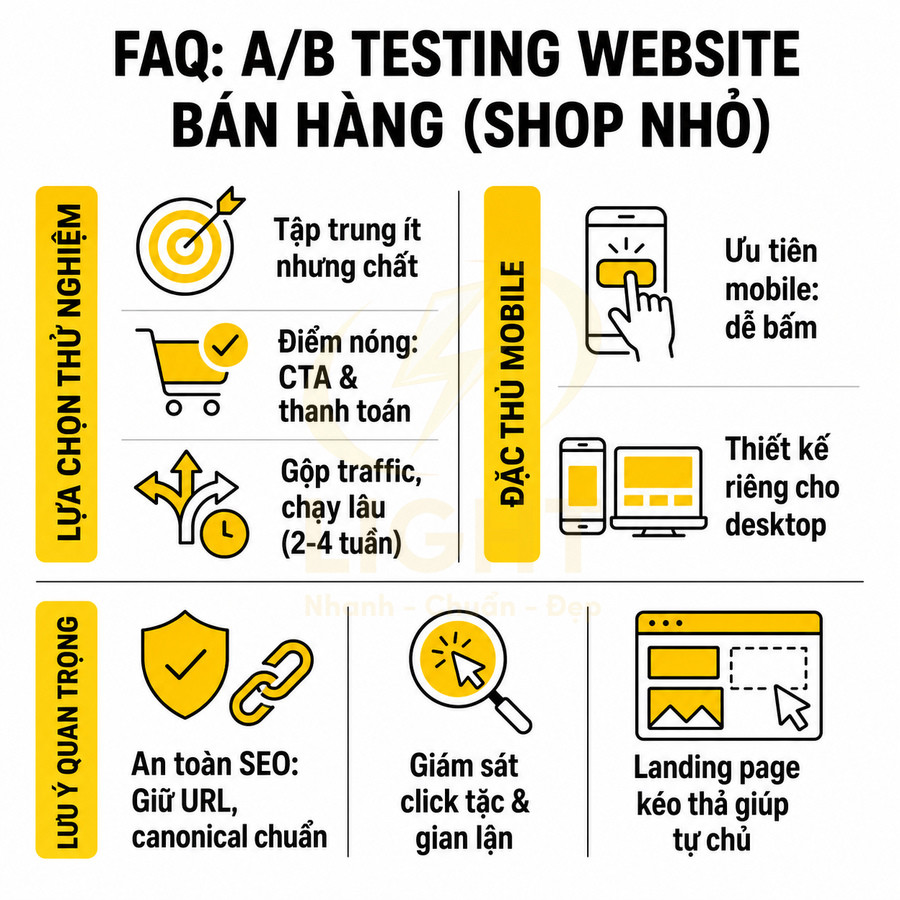 Hướng dẫn A/B testing website bán hàng cho shop nhỏ với lưu ý về mobile, SEO, giám sát click và thiết kế landing page