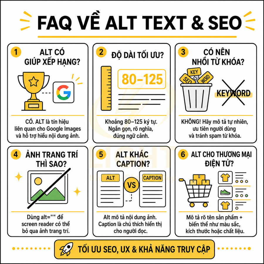 Infographic FAQ về alt text và SEO, hướng dẫn độ dài, tránh nhồi từ khóa và cách viết alt cho thương mại điện tử
