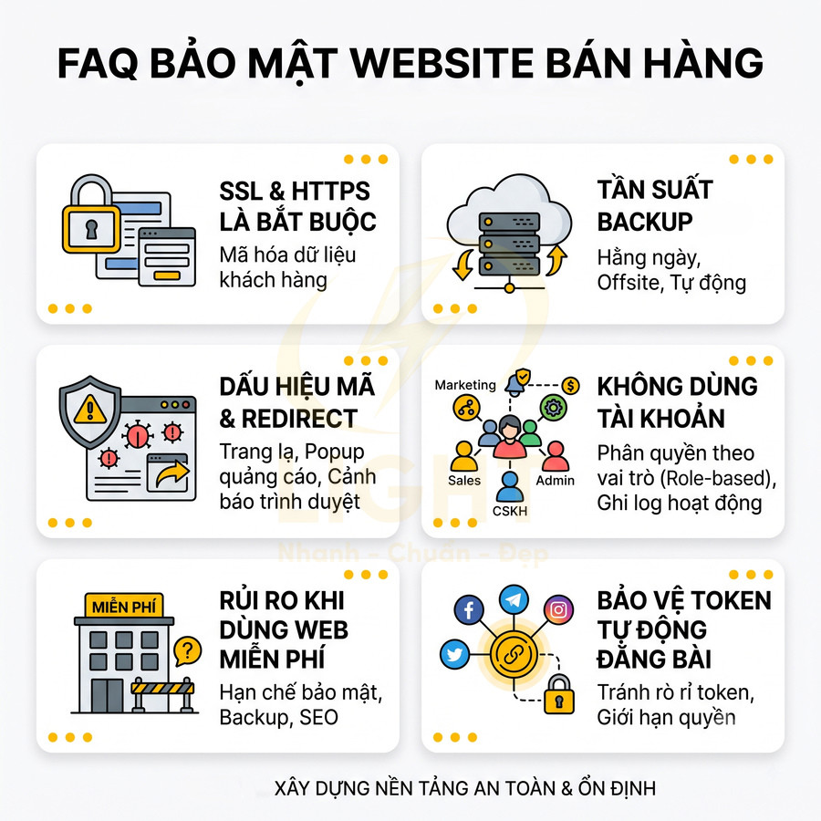 FAQ bảo mật website bán hàng với các lưu ý SSL HTTPS backup phân quyền tài khoản rủi ro web miễn phí và bảo vệ token