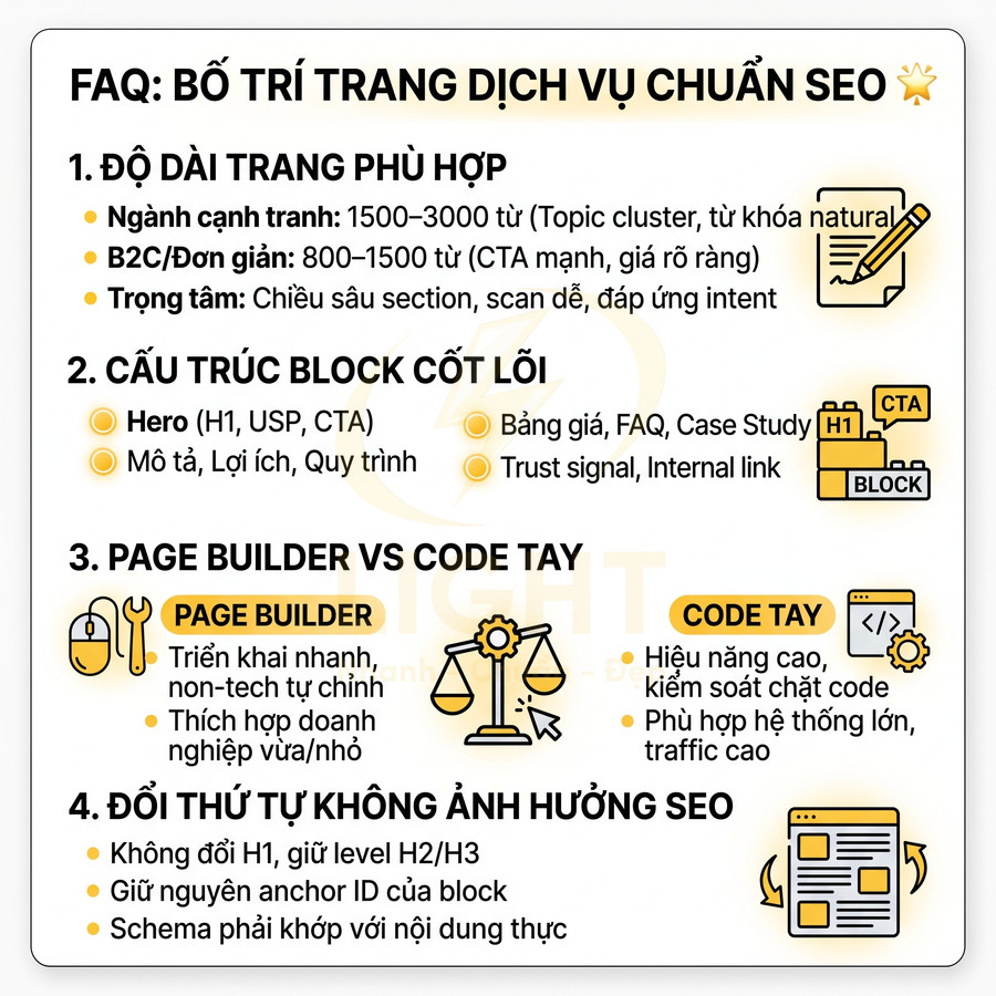 Hướng dẫn bố trí trang dịch vụ chuẩn SEO với độ dài nội dung, cấu trúc block, so sánh page builder và code tay