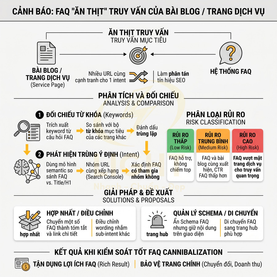 Infographic quy trình phân tích, phân loại rủi ro và tối ưu FAQ để tránh cannibalization SEO cho bài blog và trang dịch vụ