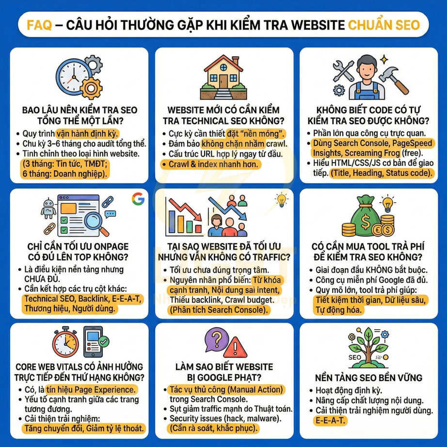 FAQ về kiểm tra website chuẩn SEO với các câu hỏi về technical SEO, onpage, traffic và nền tảng SEO bền vững