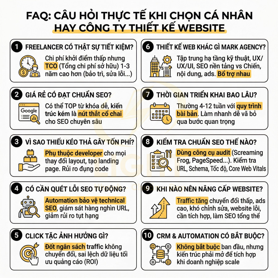 FAQ so sánh chọn freelancer hay công ty thiết kế website, giải đáp 10 câu hỏi về chi phí, SEO, thời gian và nâng cấp site