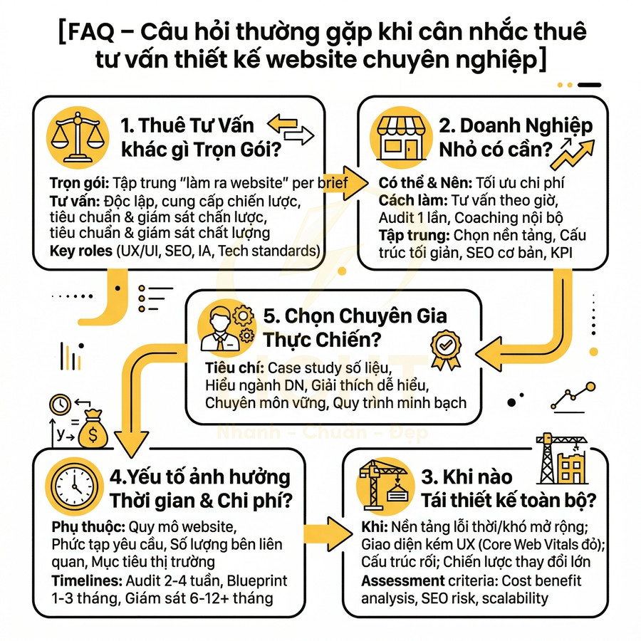 Infographic FAQ về thuê tư vấn thiết kế website chuyên nghiệp, giải thích lợi ích, chi phí và cách chọn chuyên gia