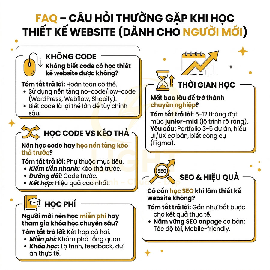 FAQ câu hỏi thường gặp khi học thiết kế website cho người mới, giải đáp về code, thời gian học, học phí và SEO