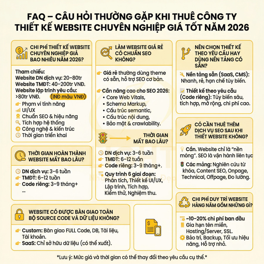 FAQ chi phí và dịch vụ thiết kế website chuyên nghiệp chuẩn SEO năm 2026 trình bày dạng infographic tiếng Việt