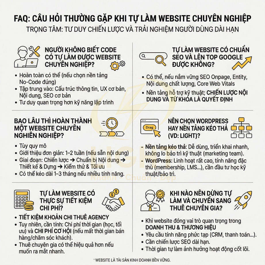 FAQ hướng dẫn tự làm website chuyên nghiệp, so sánh WordPress và nền tảng kéo thả, thời gian, chi phí và khi nên thuê chuyên gia