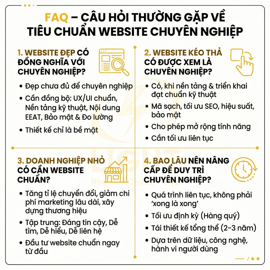 FAQ về tiêu chuẩn website chuyên nghiệp với các câu hỏi về thiết kế, kéo thả, doanh nghiệp nhỏ và thời gian nâng cấp