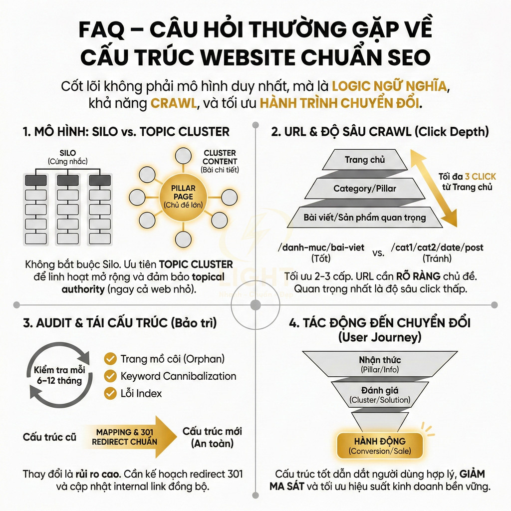 FAQ về cấu trúc website chuẩn SEO với mô hình silo, topic cluster, độ sâu URL và tối ưu chuyển đổi
