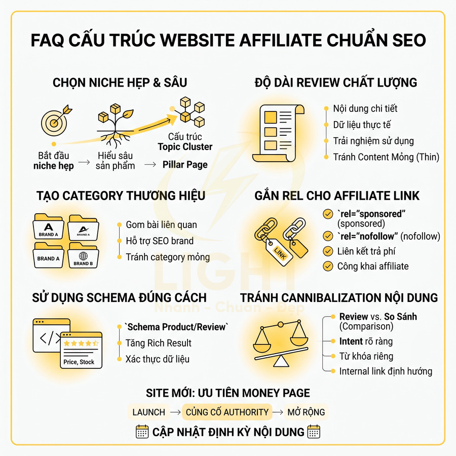 Checklist cấu trúc website affiliate chuẩn SEO với hướng dẫn chọn niche, schema, rel link và tránh cannibalization nội dung