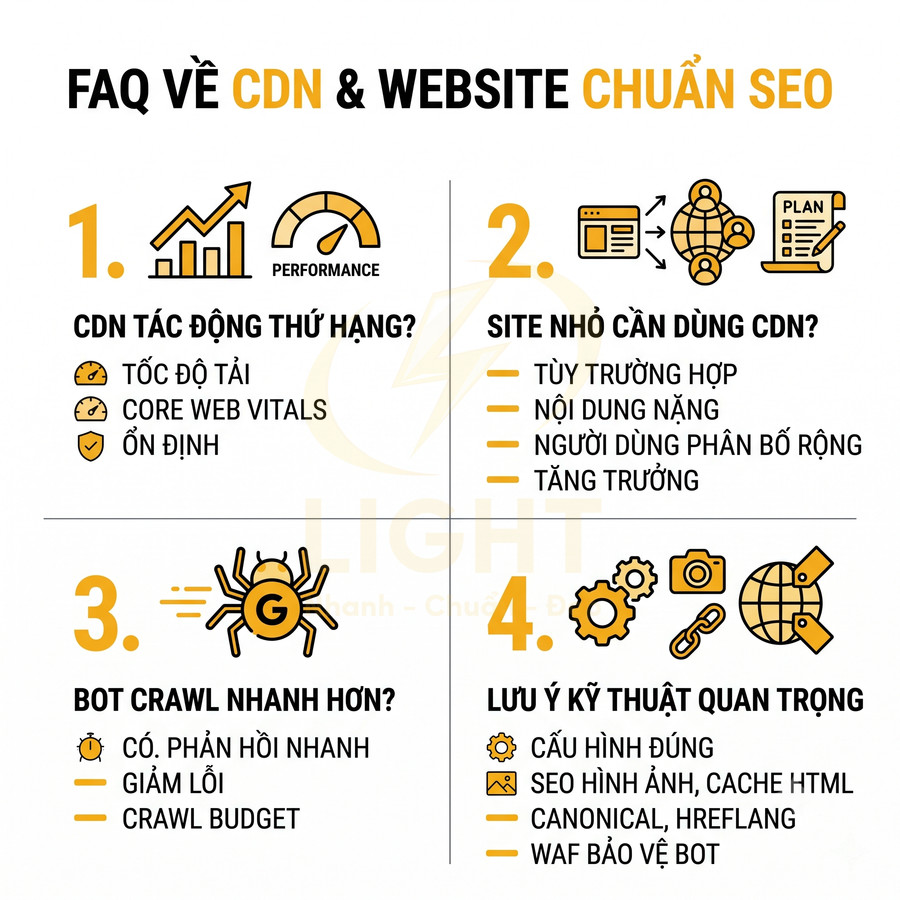 FAQ về CDN và website chuẩn SEO, lợi ích tốc độ tải, crawl bot nhanh và lưu ý kỹ thuật quan trọng