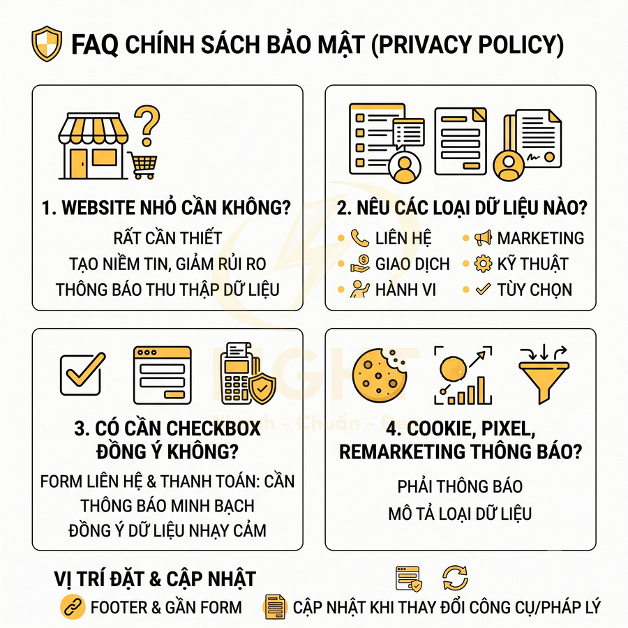 Infographic FAQ chính sách bảo mật website, giải thích thu thập dữ liệu, cookie, checkbox đồng ý và vị trí đặt thông báo
