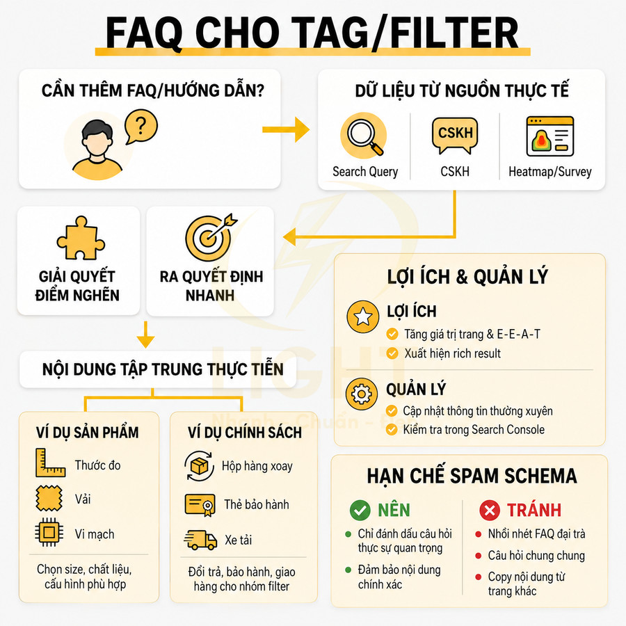Infographic hướng dẫn triển khai FAQ cho tag filter trên website, nêu lợi ích, ví dụ nội dung và cách hạn chế spam schema