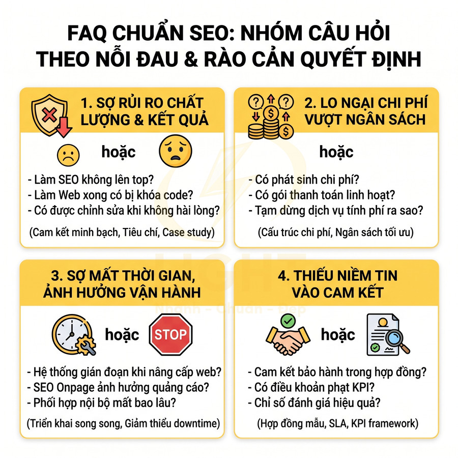 FAQ chuẩn SEO liệt kê 4 nhóm câu hỏi về rủi ro, chi phí, thời gian và niềm tin khi triển khai dịch vụ SEO