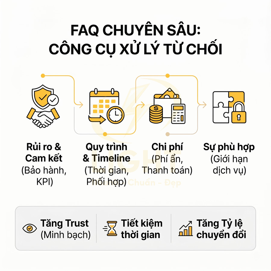 FAQ chuyên sâu về công cụ xử lý từ chối, nêu rủi ro, quy trình, chi phí, sự phù hợp và lợi ích cho doanh nghiệp