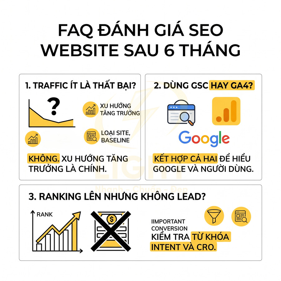 FAQ đánh giá SEO website sau 6 tháng với biểu đồ traffic, Google Search Console, GA4 và tối ưu chuyển đổi